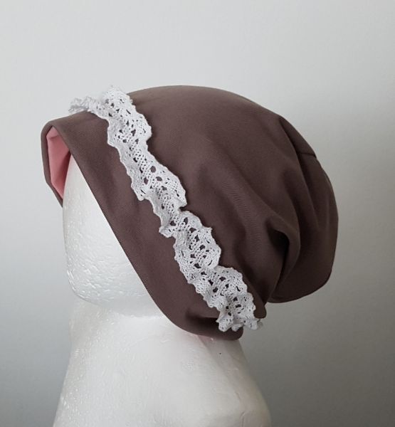 ♥ Wendebeanie Jersey "taupe/rosa" Spitze ♥